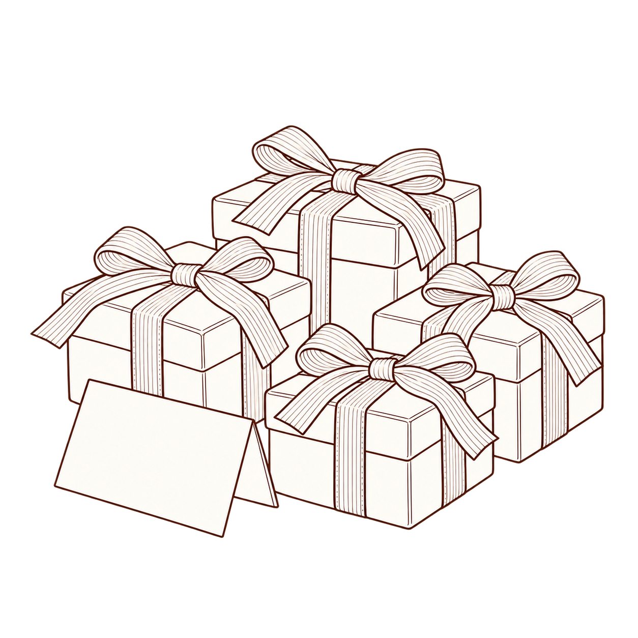 Four ribboned gift boxes with a place card